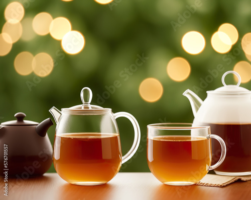 glass cup of spring tea and teapot in a cozy kitchen created with Generative AI technology © Kuba