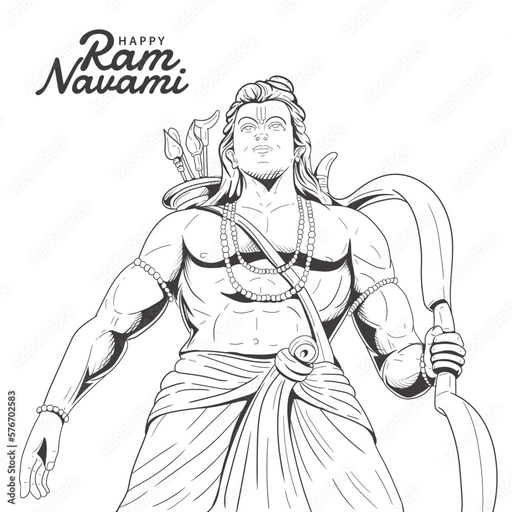 illustration sketch of Lord Rama with bow arrow. Happy Ram Navami