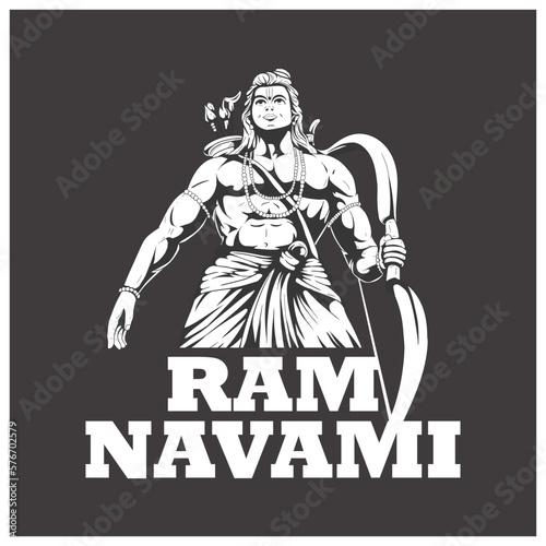 illustration of Lord Rama with bow arrow. Happy Ram Navami. Black Background