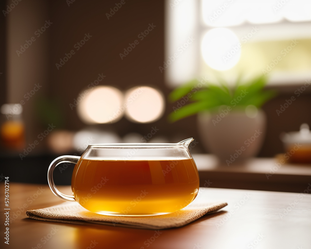 glass cup of spring tea and teapot in a cozy kitchen created with Generative AI technology glass cup of spring tea and teapot in a cozy kitchen created with Generative AI technology
