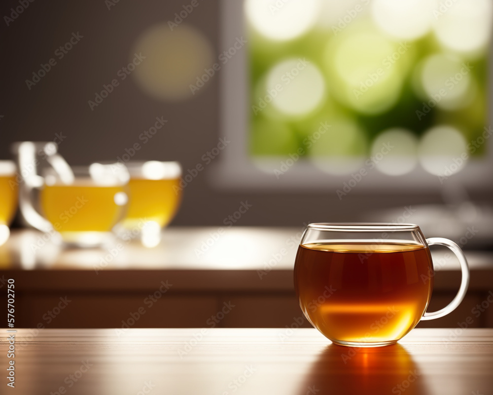 glass cup of spring tea and teapot in a cozy kitchen created with Generative AI technology