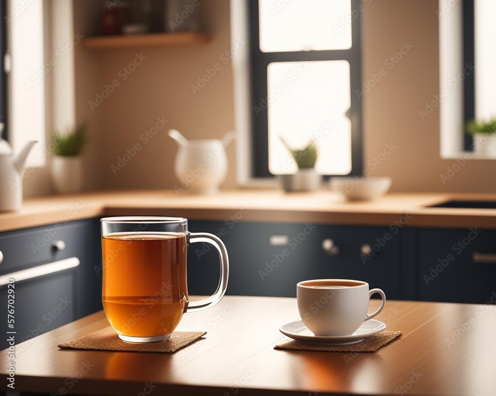 glass cup of spring tea and teapot in a cozy kitchen created with Generative AI technology glass cup of spring tea and teapot in a cozy kitchen created with Generative AI technology