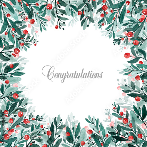 Postcard in the form of a frame of branches with red berries