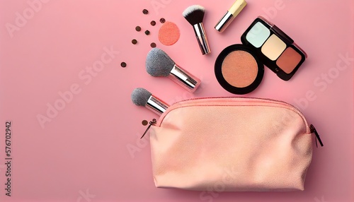Background to makeup adversite with make up objects. Makeup products makeup tool on a pink background. Generative AI.