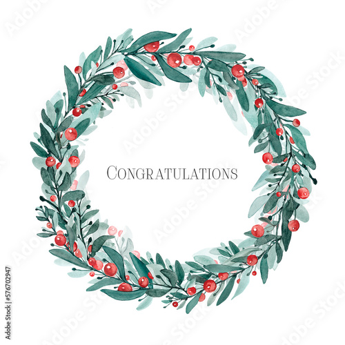 Greeting card with a wreath of branches and berries