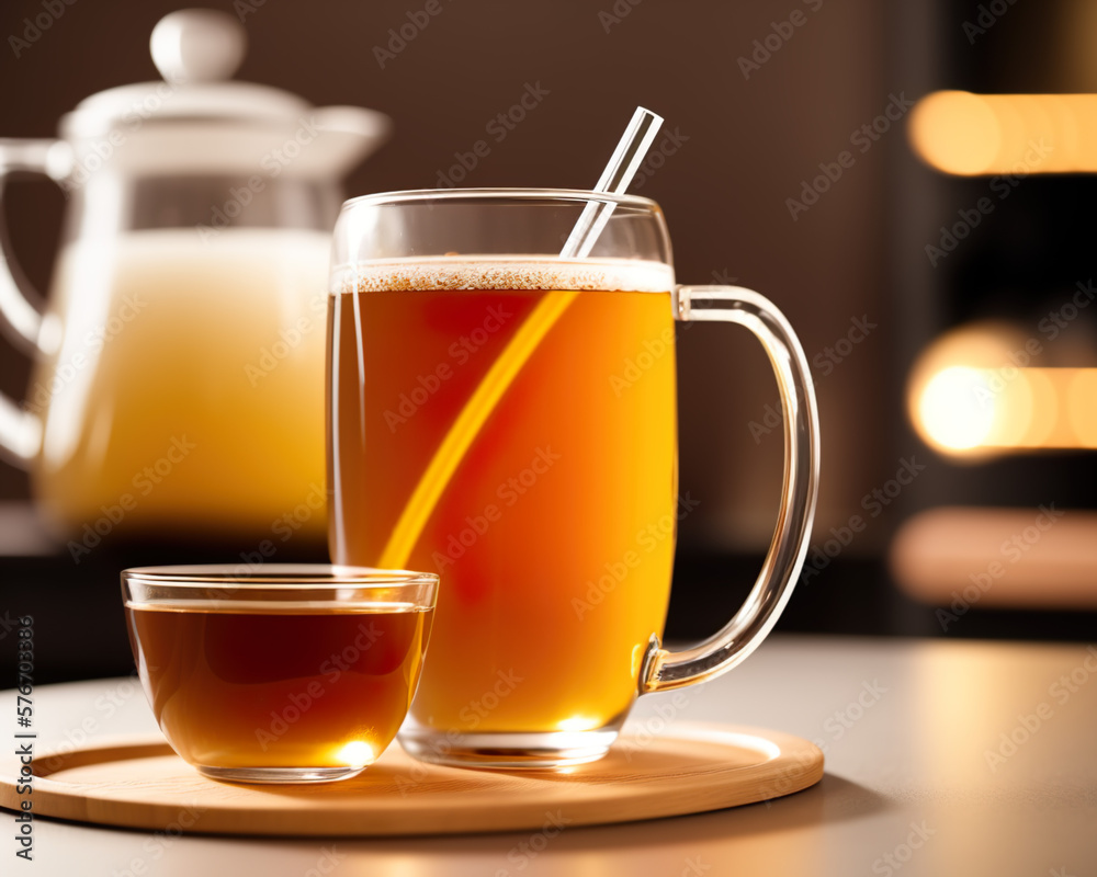 glass cup of spring tea and teapot in a cozy kitchen created with Generative AI technology glass cup of spring tea and teapot in a cozy kitchen created with Generative AI technology