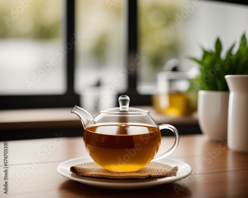 glass cup of spring tea and teapot in a cozy kitchen created with Generative AI technology