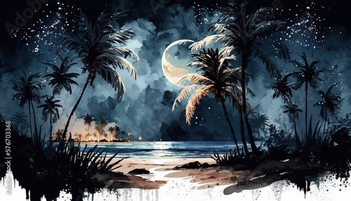 Tropical Beach at night with Full Moon - Watercolor - Generative AI Art photo