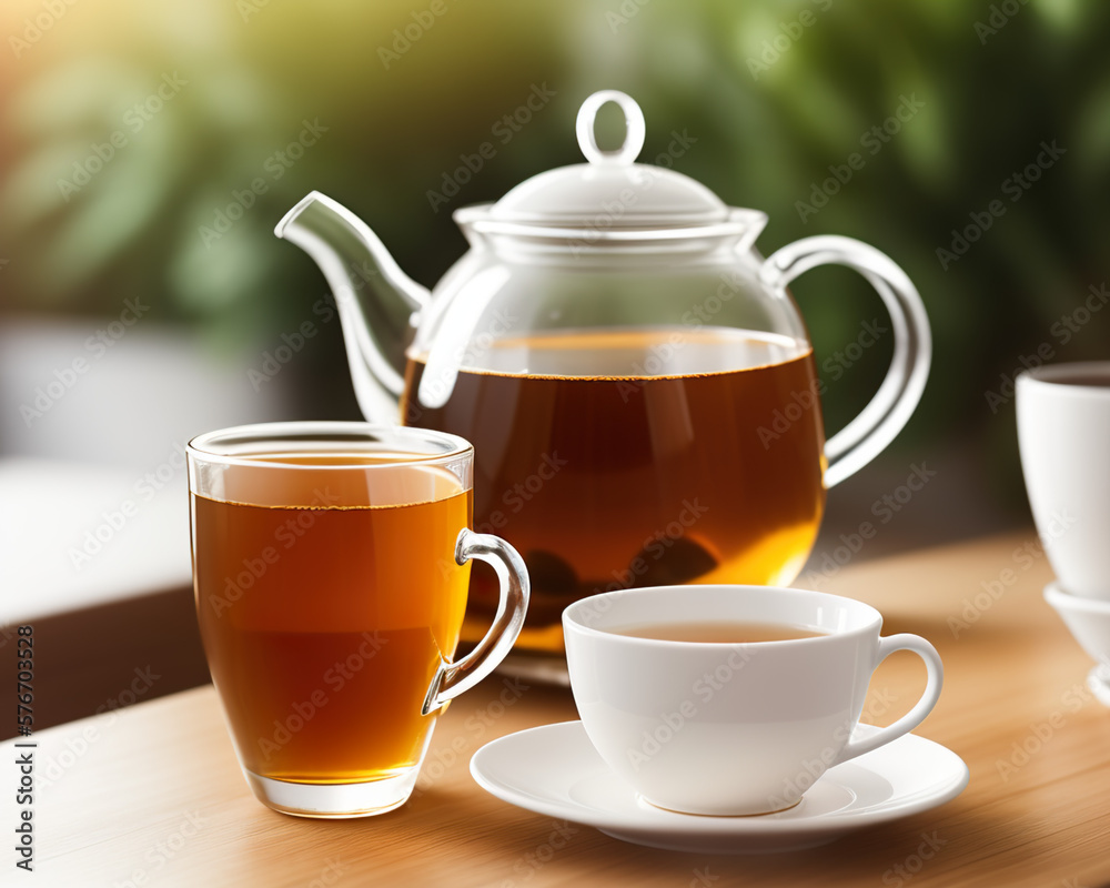 glass cup of spring tea and teapot in a cozy kitchen created with Generative AI technology glass cup of spring tea and teapot in a cozy kitchen created with Generative AI technology