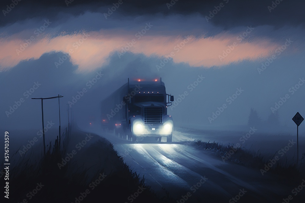 illustration, a truck moving through the evening mist on a country road, ai generative