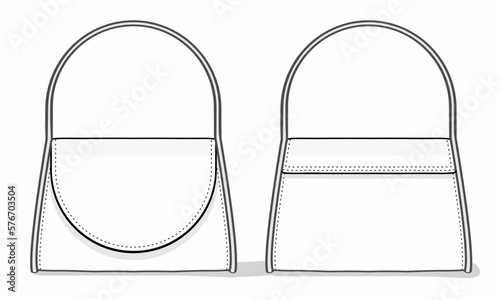 mini Handbag technical fashion illustration. handbag Flat apparel template. front and back view. white colour. CAD mock-up.