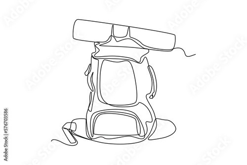 Continuous one line drawing hiking backpacks. Travel experience concept. Single line draw design vector graphic illustration.