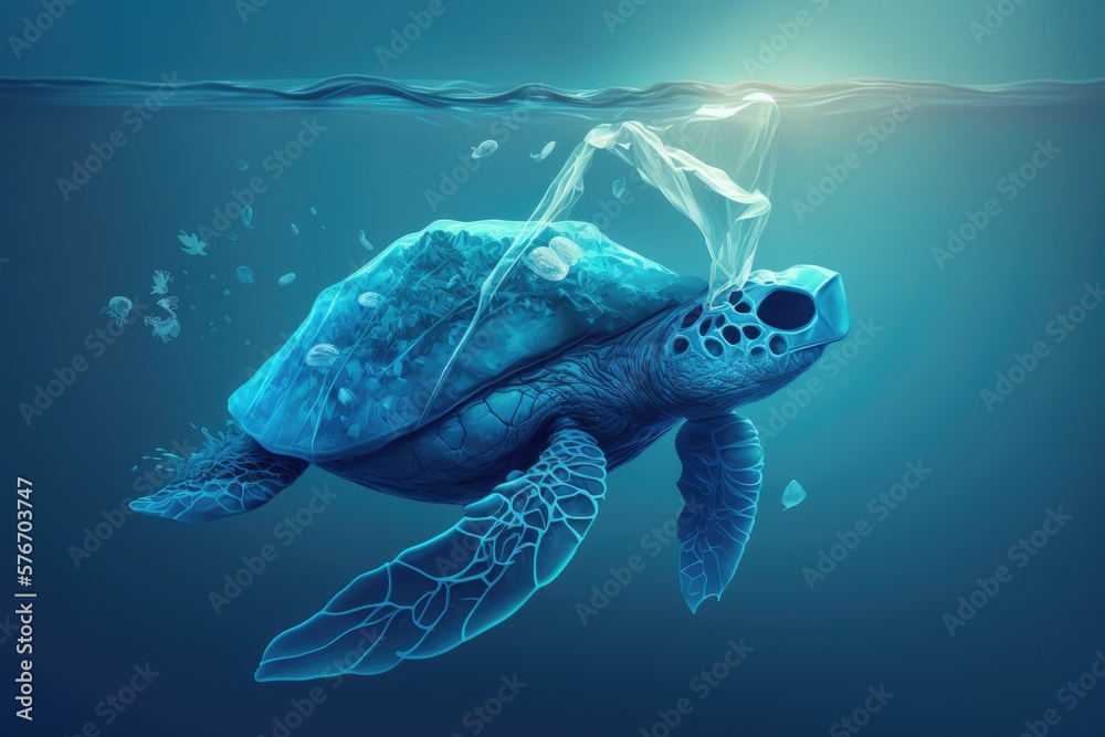 Water pollution problem symbolized by a turtle chowing down on a plastic bag at sea. Generative AI