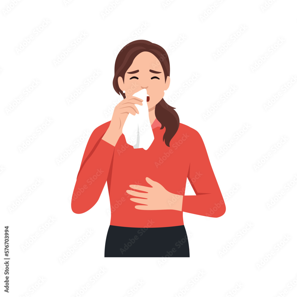 Vector flat young sick girl suffering from rhinitis, holding napkins, facial tissues, blowing her nose, sneezing Vector flat young sick girl suffering from rhinitis, holding napkins, facial tissues, blowing her nose, sneezing