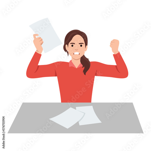 Tired businesswoman throwing papers unsatisfied business woman feeling stress negative