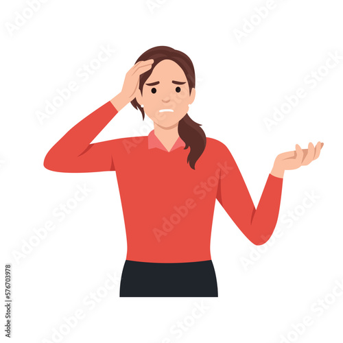 Forgetful woman holding hand to her head in flat design. Forgetfulness. Young female has memories problem.