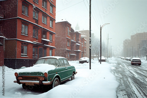 Fictional sixties vintage city street view, winter snow on cars and road. Generative AI photo