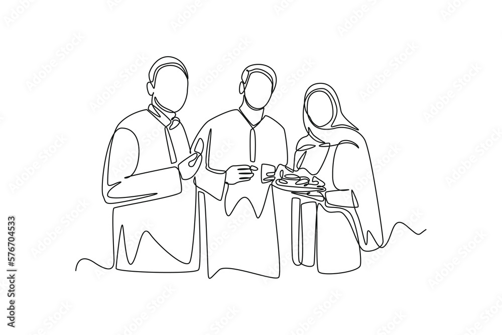 Continuous one line drawing happy brother and sister eating together in eid mubarak. Eid al-Fitr concept. Single line draw design vector graphic illustration.