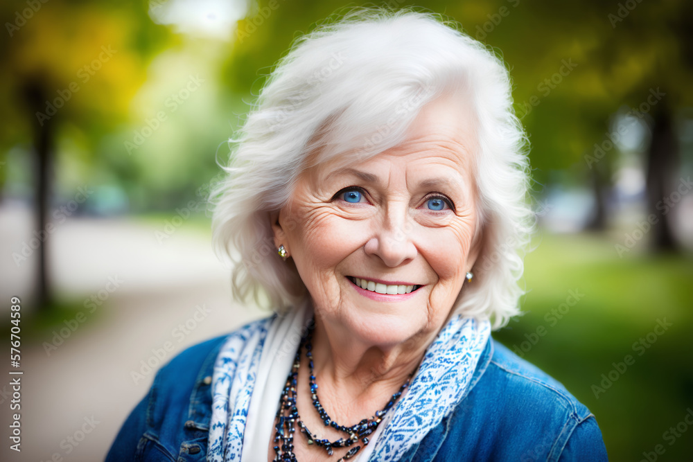 Grey haired elder woman portrait standing in the park. Blue eyes, blurred background. Generative AI Grey haired elder woman portrait standing in the park. Blue eyes, blurred background. Generative AI
