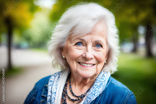 Grey haired elder woman portrait standing in the park. Blue eyes, blurred background. Generative AI