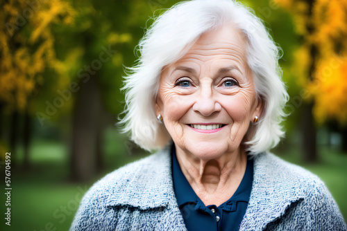 Elegant senior woman with grey hair and smile standing in the park. Grey sweater. Blurred background. Generative AI