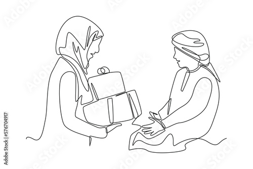 Continuous one line drawing Muslim mother giving gift to her son. Eid al-Fitr concept. Single line draw design vector graphic illustration.