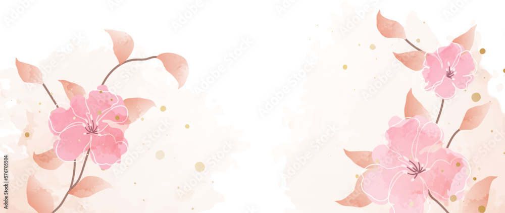 Abstract vector botanical flowers illustration. Vector watercolor background with pink flowers and watercolor texture. Luxury design for wallpapers, posters, banners, cards, print, web and packaging.