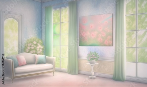  a painting of a living room with a couch and a vase of flowers. generative ai