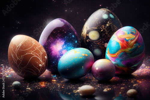 Easter eggs with stars, galaxies, nebulae and cosmos. Generative Ai 