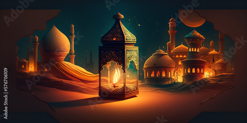 Ramadan Kareem Horizontal Banner. Generative AI