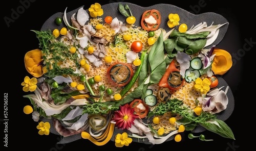  a platter of food with many different types of vegetables. generative ai