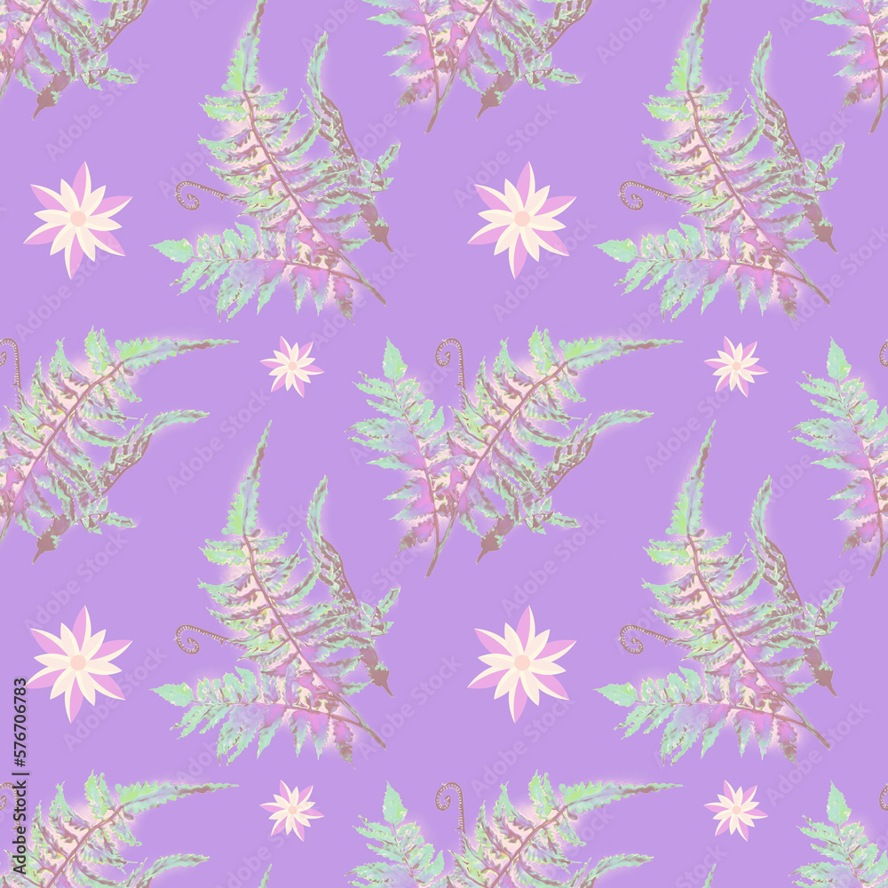 Fern with flowers seamless pattern, illustration. Fern with flowers seamless pattern, illustration.