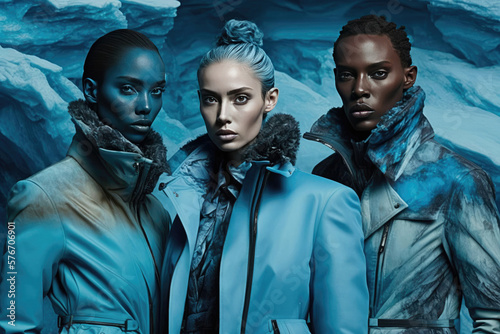 AI artwork of diverse models standing near glacier photo