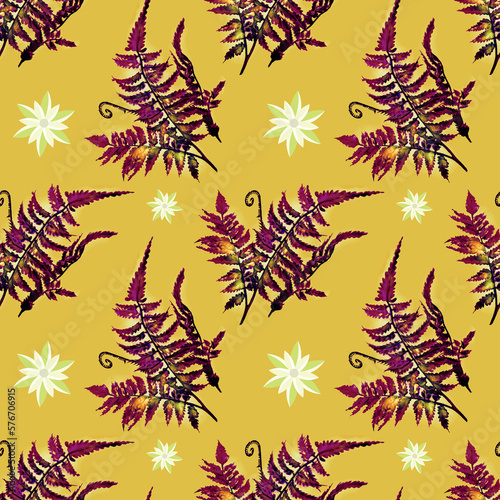 Fern with flowers seamless pattern  illustration.