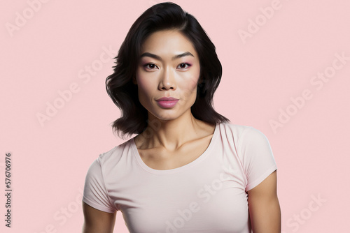 Generated AI portrait of attractive young ethnic female in white casual cloth looking at camera with astonished face while standing on pink background in studio photo