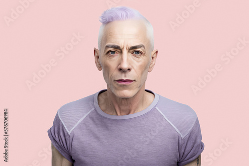 Generated AI portrait of serious mature male in purple gray hair looking at camera with astonished face expression while standing on peach background in studio photo