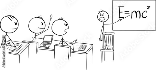 Genius Child Teacher Teaching Students , Vector Cartoon Stick Figure Illustration