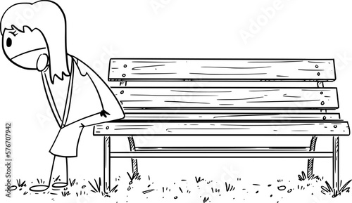Depressive Lonely Woman , Vector Cartoon Stick Figure Illustration