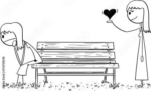 Depressive Lonely Woman, Friend is Giving Her Love , Vector Cartoon Stick Figure Illustration