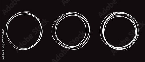 White circle line hand drawn set. Highlight hand drawing circle isolated on background. Round handwritten circle. For marking text, note, mark icon, number, marker pen, pencil and text check, vector
