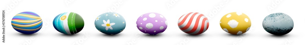 A collection of traditional Easter eggs painted in pastel colours with speckles, stripes and patterns isolated against a transparent background.