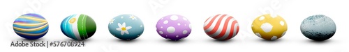 A collection of traditional Easter eggs painted in pastel colours with speckles, stripes and patterns isolated against a transparent background.