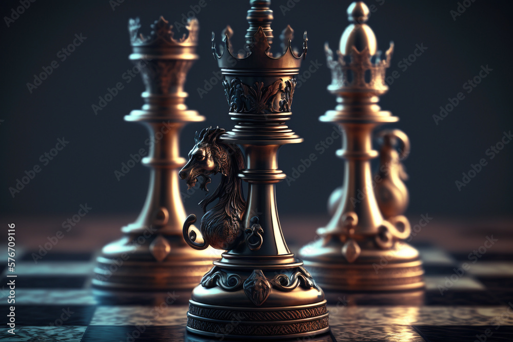 Chess piece on chessboard, competition success and strategy game play,  design created with Generative Ai Stock Illustration