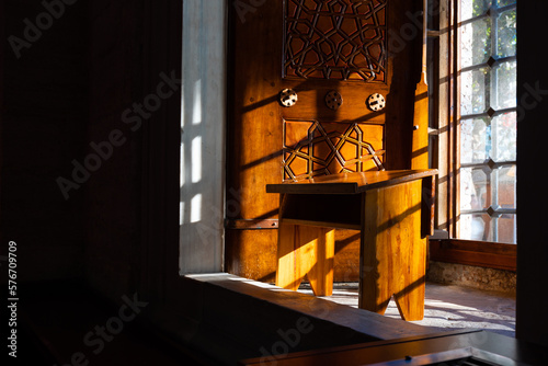 Islamic photo. A wooden lectern or rahle in the mosque photo