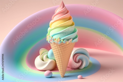 3D rainbow ice cream cone in pastel background. Generative AI photo