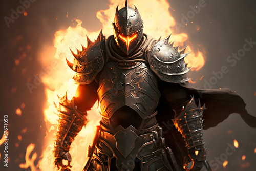 Portrait of a Knight in Armour, Fire Battle Fantasy Background. Illustration Generativ ai 