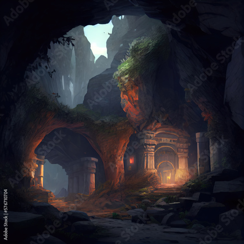 Surreal ancient ruins cave.