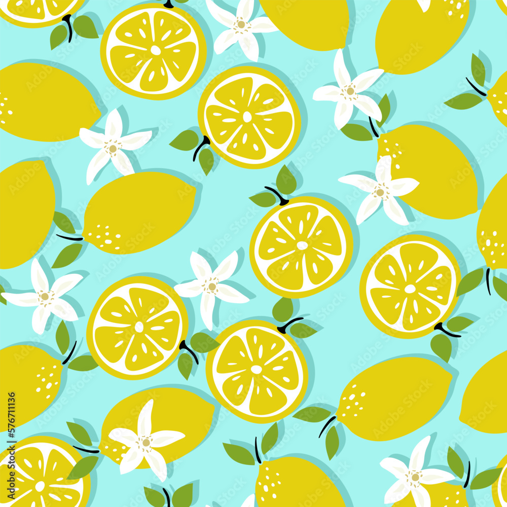 Seamless vector pattern with lemons and flowers