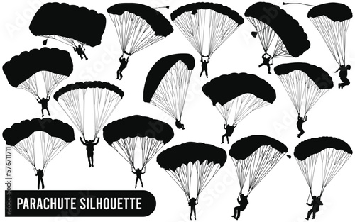 Vector black silhouettes hang glider or parachute skydiving