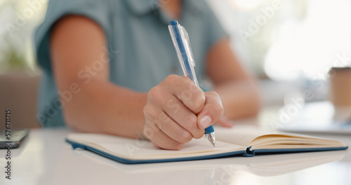Business  woman and hands writing in notebook  diary and strategy ideas. Female  worker and planning with pen in books  journal and schedule of information  planner and receptionist at office desk